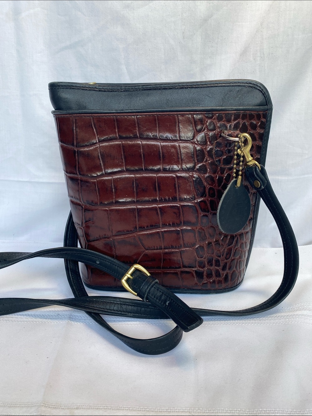 American Executive Croc-Embossed Brown and Black Leather Crossbody Bag